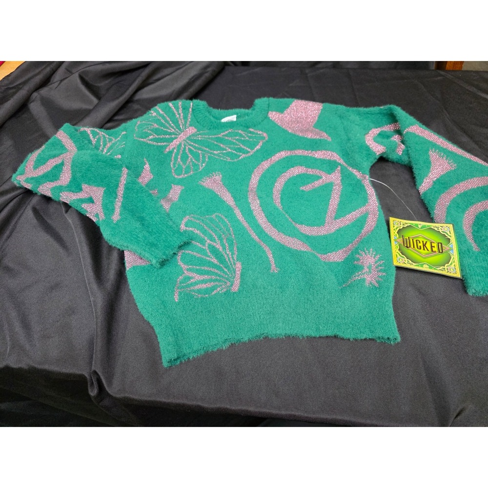 Wicked Movie Kids Elphaba Green Fuzzy Metallic Butterfly Sweater L 10/12 NEW